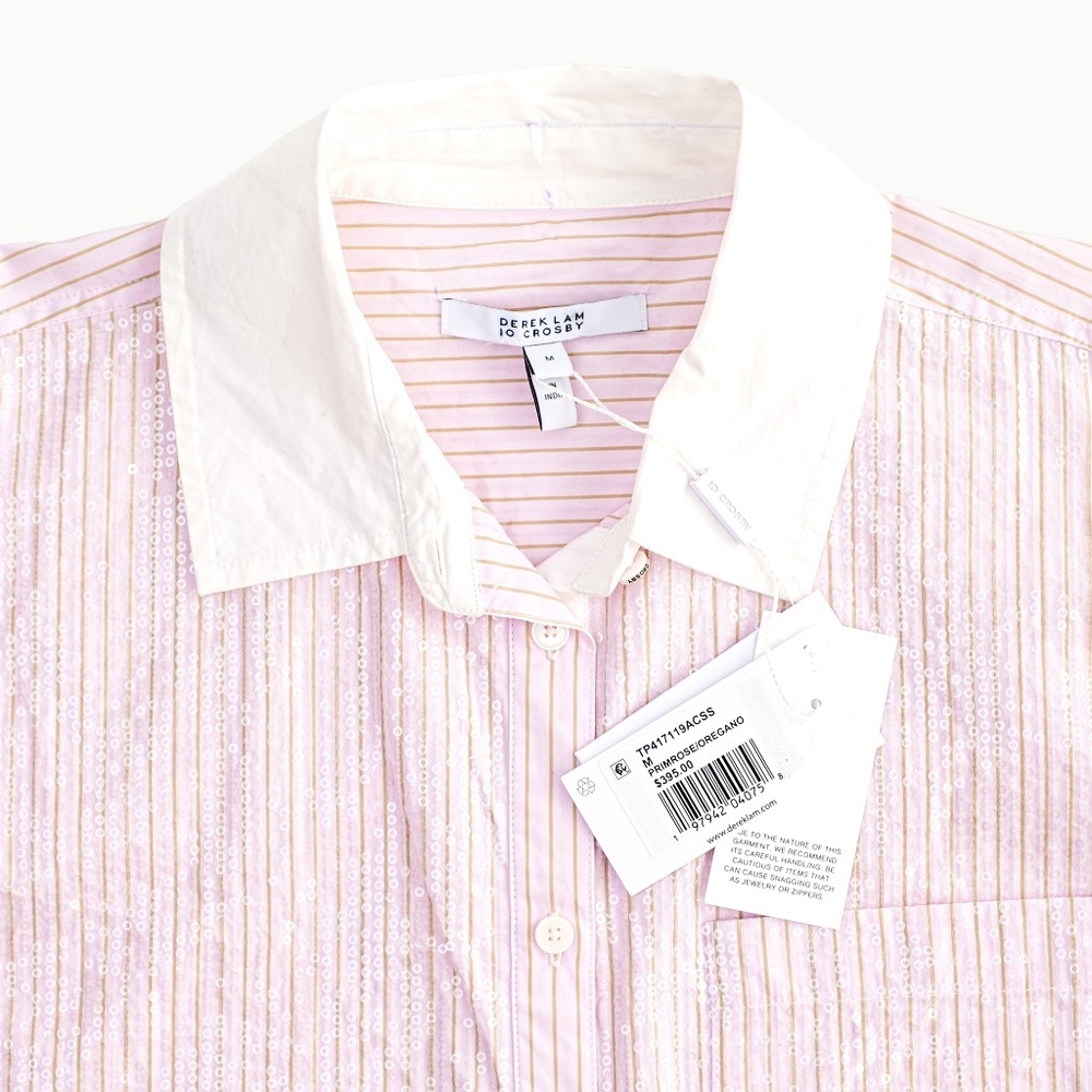 NWT Derek Lam 10 Crosby Wesley Sequined Striped Cotton Shirt Pink $395 - Size M - Picture 9 of 12